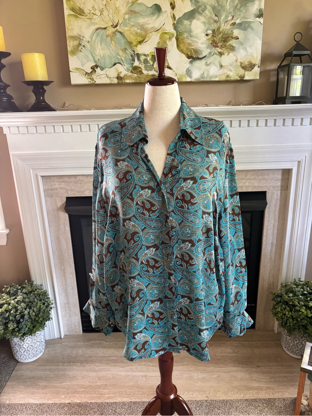 *NEW* INC International Concepts 100% Silk Retro Long Sleeve Blouse - Size 24W
